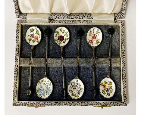 SILVER &amp; ENAMEL TEASPOONS IN A CASE