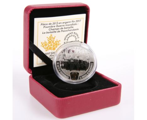 A ROYAL CANADIAN MINT 2017 $20 FINE SILVER COIN, "FIRST WORLD WAR: BATTLEFRONT SERIES, THE BATTLE OF PASSCHENDAELE", boxed wi