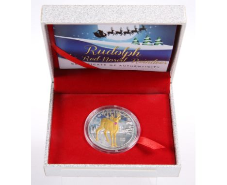 A RUDOLPH THE RED-NOSED REINDEER SILVER FIVE DOLLARS PROOF, with special ruby element, boxed with COA