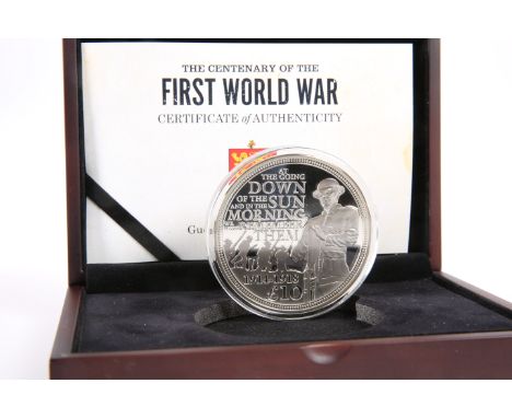 A CENTENARY OF THE FIRST WORLD WAR GUERNSEY SILVER 5OZ COIN, boxed with COA no. 249 (of a limited edition of 450)