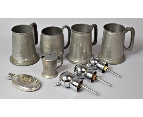 A Collection of Various Pewter tankards together with Three Optic Measures and a Silver Plated Hip Flask with Unrelated Lid H