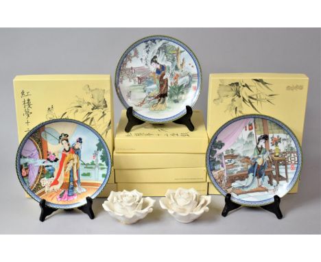A Collection of Ten Oriental Plates and a Pair of Ceramic Rose Flower Mounts 