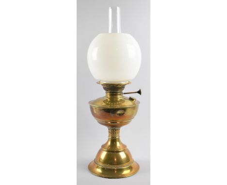 An Edwardian Brass Oil Lamp with Opaque Shade and Plain Chimney, 54cm high 