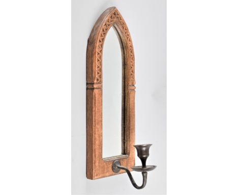 A Small Wall Hanging Wooden Framed Candle Stick with Mirrored Back in the Form of a Gothic Arched Window, 34cm high 