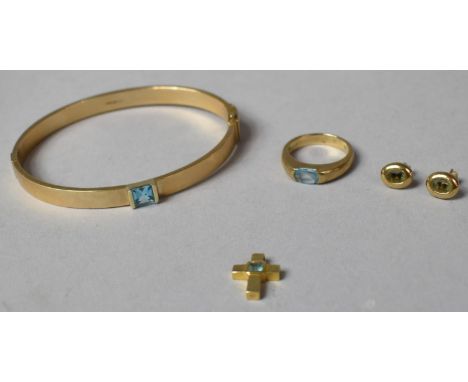 A Collection of Pale Sapphire and 9ct Gold Jewellery to Include Bangle, Crucifix and Pendant, Ring with Cabochon Stone and a 