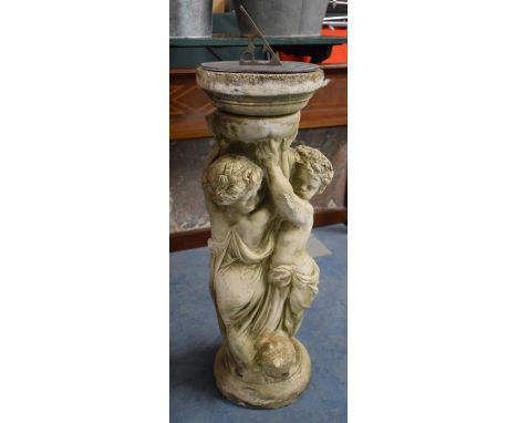 A Reconstituted Garden Figural Sundial, Cherub Supporting Vase, 61cm high 