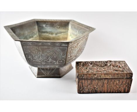An Oriental Copper Lidded Rectangular Box Decorated In Relief with Dragons, Hinges Require Attention Together with an Engrave