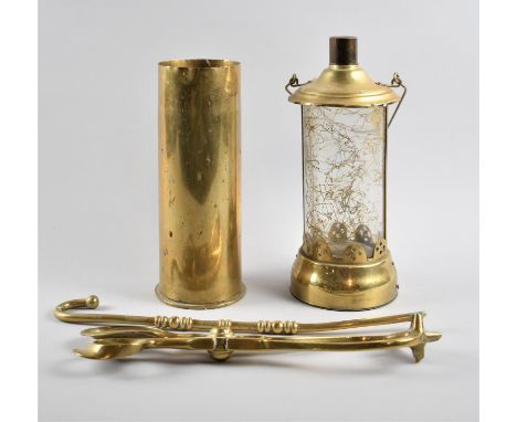 A Mid 20th Century Brass Novelty Musical Lantern of Cylindrical Form Together with a 1917 Brass Shell Case and Two Brass Fire