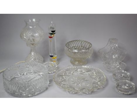 A Collection of Various Glassware to comprise Cut Glass Lamp Shade, Heavy Glass Bowl, Moulded Glass Charger, Cut Glass Basket