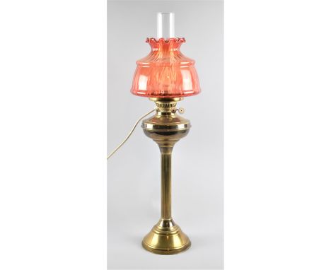 A Mid 20th Century Brass Table Lamp of Ribbed Column Form, with Coloured Glass Shade, Overall Height 76cm 