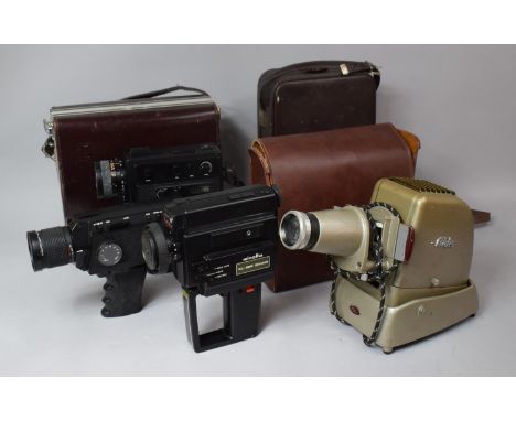 A Collection of Two Bolex and One Minolta 8mm Cine Cameras Together with an Aldis Slide Projector, In need of Some Restoratio