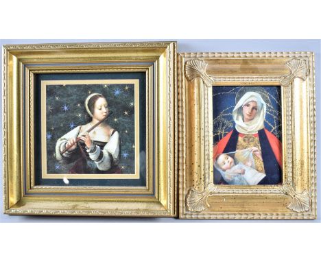 Two Framed Prints, Girl Playing Flute and Mary and Jesus, 17x11cm 