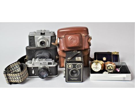 A Box Containing Three Vintage Cameras, Two Wristwatches, Cigarette Case/Lighter, Costume Jewellery etc 