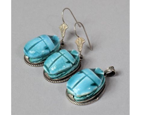 A Pair of Silver Mounted Ceramic Scabbard Earrings and Matching Pendant 