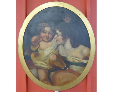 English (mid 19th Century), oval portrait of mother and child, oil on canvas, 82 x 69cms, framed