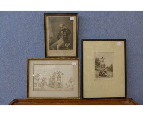 A silk embroidery, etching, prints and assorted prints