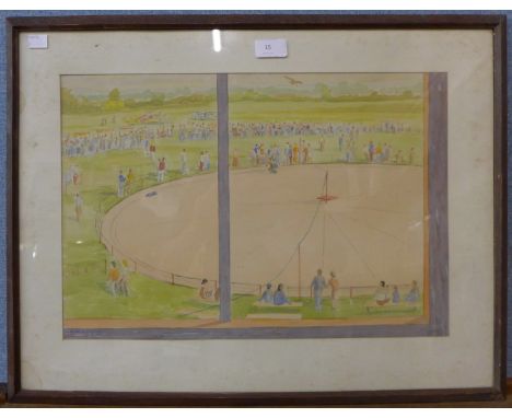 * Bagley (1930's), landscape with children playing with toy cars and aeroplanes, watercolour, 32 x 47cms, framed