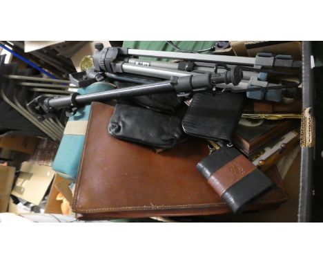 A Box Containing Camera Tripods, Monopods, Ricoh Camera and Panasonic Camcorder 