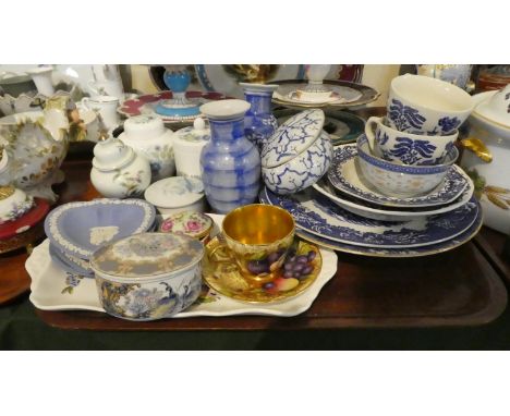 A Collection of Ceramics to Include Wedgewood, Willow Pattern, Oriental Vase, Anysley Orchard Gold Cup and Saucer etc