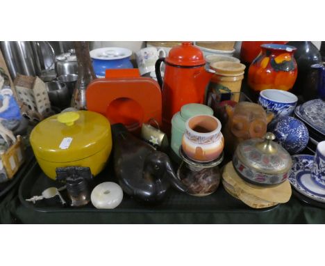 A Tray of Sundries to Include Red Enamelled Teapot, Wooden Owl, Wooden Duck Ornament, Vintage Lacquered Pot etc