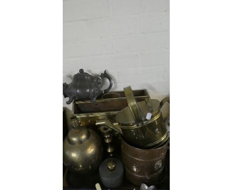 A Tray of Metal Wares to Include Early 20th Century Watering Can, Brass Watering Can, Candle Stick, Letter Rack, Pewter Teapo