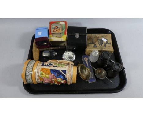 A Collection of Curios to Include Binoculars, Photoframes, Illuminated Viewer, Anti Splash Magic Filter etc