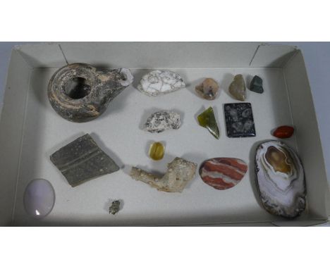 A Collection of Minerals, Early Oil Lamp, Clay Pipe Etc 