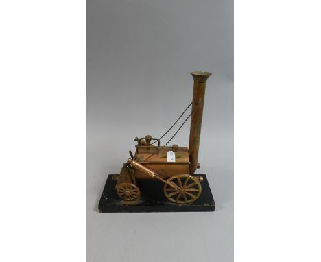 A Folk Art Mixed Metal Study of a Steam Engine on Painted Wooden Base, 23cm Wide x26cm Tall 