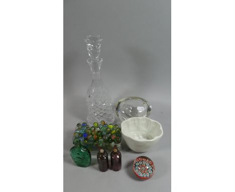 A Collection of Vintage Marbles, Glass Bottles, Millefiori Paperweight, Decanter and Glass Vase etc