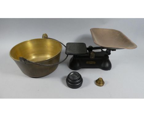An Iron Handled Brass Jam Kettle, 27cm Wide Together with a Set of Scales 'The Queen' with Eight Weights