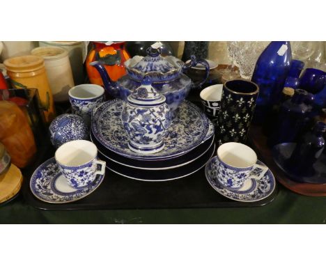 A Tray of Blue and White Ceramics to Include Late 19th Century Blue and White Pembroke Coffee Cans and Saucers, Flow Blue Tea