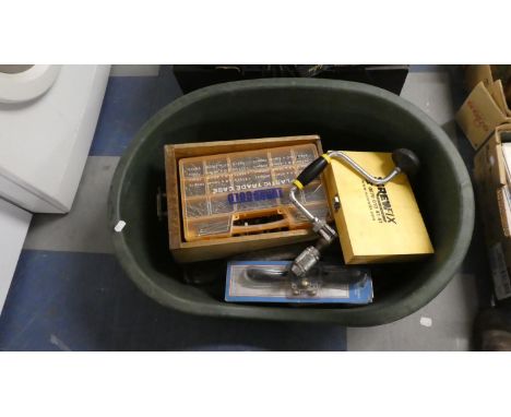 A Plastic Dogs Basket Containing Tools to Include Screws, Clamps Etc 