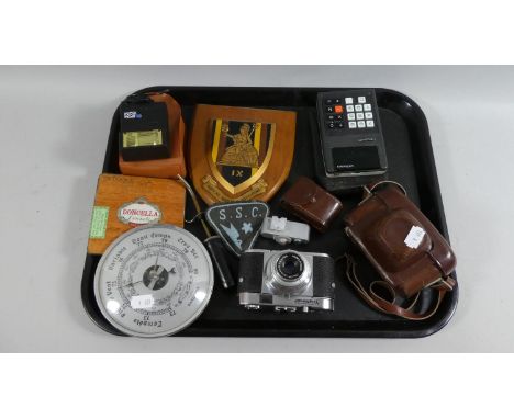 A Tray of Curios Containing Vintage Cameras, Chromed Barometer, Early Calculator, Royal Norfolk Regiment Plaque Etc 