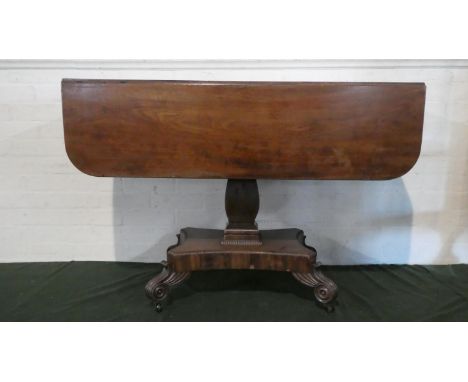 A 19th Mahogany Sofa Table Raised on a Central Column with Quadruple Plateau Base and Scrolled Feet, 106cm 