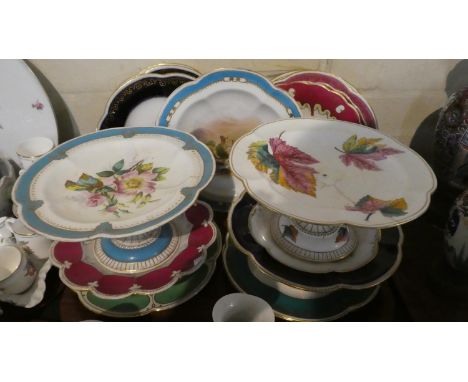 A Collection of Good Quality Ceramic Tazzas and Plates Each with Hand Painted Scenes Depicting Flowers, Landscapes and Scener