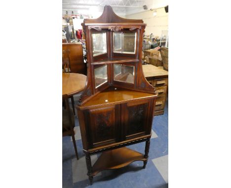 A Late 19th/Early 20th Century Corner Washstand with Shelved Top Having Mirror Sections, Cupboard Drawer Under Decorated with