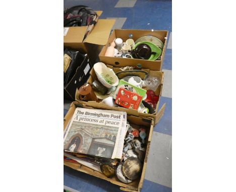 A Collection of Three Boxes of Sundries to Inlcude Printed Ephemera, Folk Art Wooden Figures of Men and Clocks, Ceramics, Tea