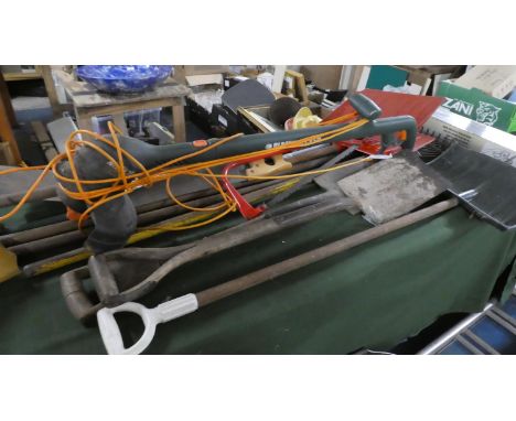 A Collection of Garden Tools to Include Shovels, Scoops, Black and Decker Strimmer Etc 