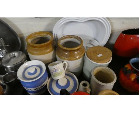 A Collection of Vintage Ceramics to Include Cornish Ware Icing Sugar Storage Jar, Vintage Child's Teacup, Le Creuset Heart Sh