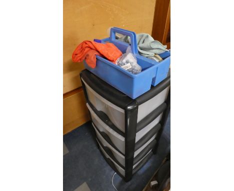 A Plastic Storage Container Containing Tools, Screwdrivers, Shoe Polishing Kit, Wire Brushes Etc 