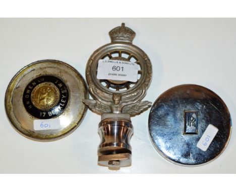 ROYAL AUTOMOBILE CLUB CAR MASCOT WITH ENAMELLED UNION JACK, ROLLS ROYCE CHROME FINISHED TAX DISK HOLDER &amp; THE H.R. OWEN L