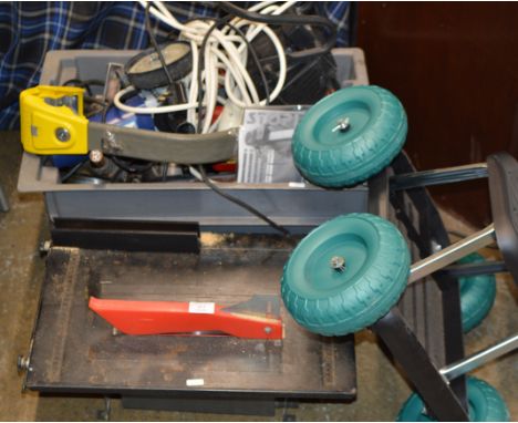 VARIOUS TOOLS, GRINDER, TILE CUTTER, CABLES ETC     