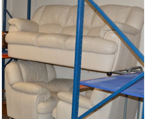 3 PIECE MODERN CREAM LEATHER LOUNGE SUITE COMPRISING 3 SEATER SETTEE &amp; 2 SINGLE ARM CHAIRS     