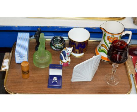 TRAY CONTAINING DINKY MODEL IN BOX, MAUCHLINE NEEDLE CASE, PAPER WEIGHT, LLADRO DISPLAY, DECORATIVE STEM GLASS ETC     
