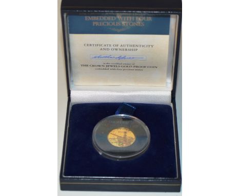 ELIZABETH II SIERRA LEONE COMMEMORATIVE GOLD PROOF COIN, THE CROWN JEWELS, STRUCK IN 22 CARAT GOLD &amp; INSET WITH RUBY, DIA