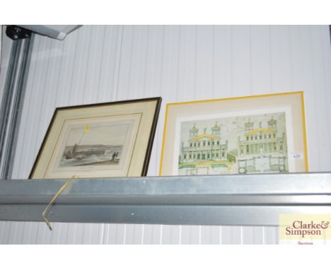 A print of Southwold harbour and an architectural print of a design for a villa near Hampton Court