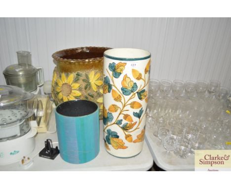 A large pottery jardinere; a pottery stick stand and a small waste bin