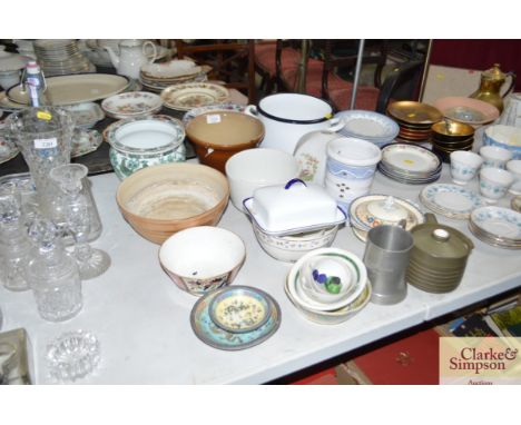 An enamel pan; blue and white cheese dish; various jardineres; cooking pots etc