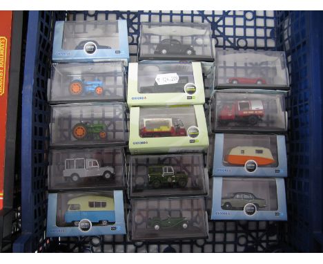 Fourteen Oxford 1:76th Scale Diecast Model Lineside Vehicles,  including tractors, caravan, Land Rover Defender, boxed.