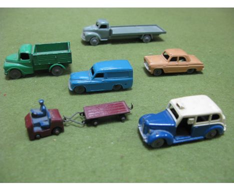 Six Items Unboxed, Dinky Dublo, Bedford flatbed, Austin lorry, Ford prefect, blue Commer van, Austin taxi and No 76 Lansing B